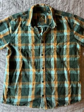 Prana Plaid Button-Up Shirt in Green, Mustard & Teal
